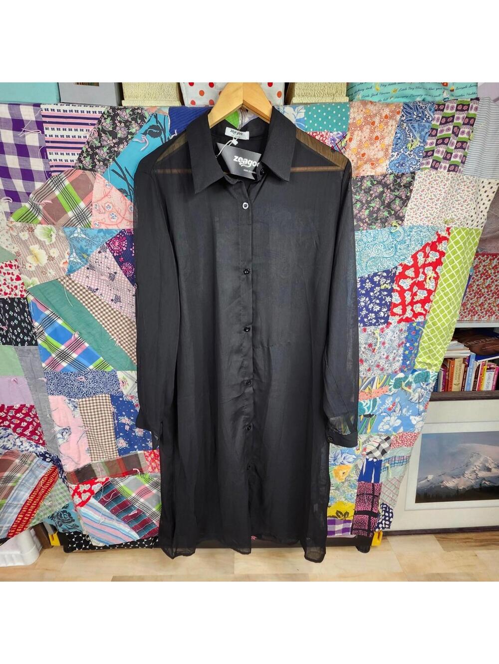 NEW Women's Elegant Black Long Sleeve Sheer Shirt Dress